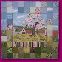 Fabric Art Quilted Scene of Apple Blossoms Near the Barnyard